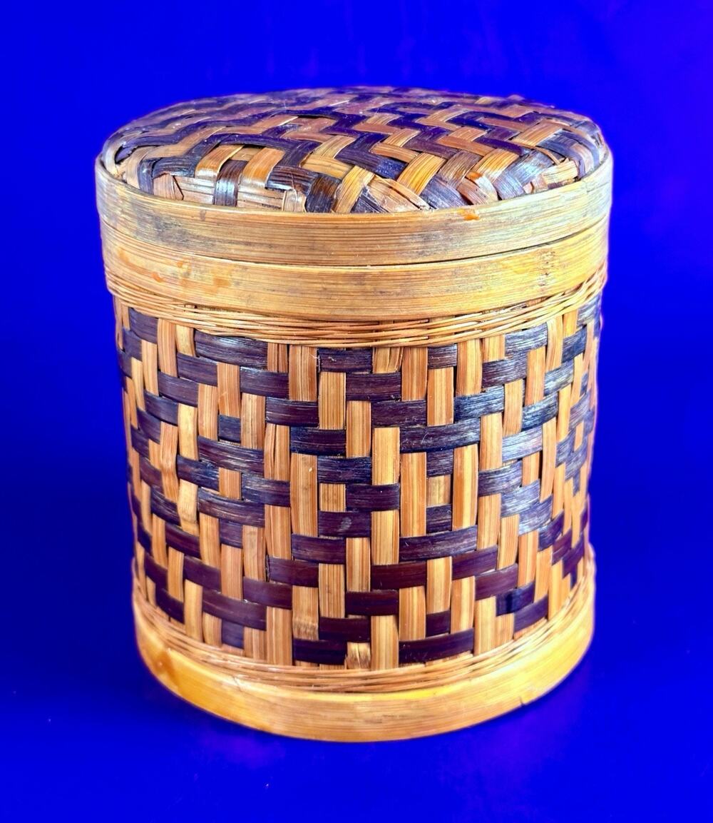 Tribal Handmade Woven Basket Lidded Philippines Black Geometric Bamboo Vintage